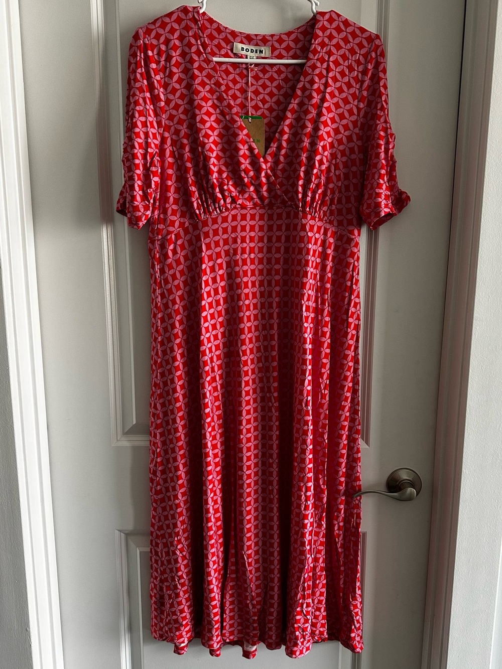 Boden Red-Pink Geometric V-Neck Midi Dress - Picture 3 of 6